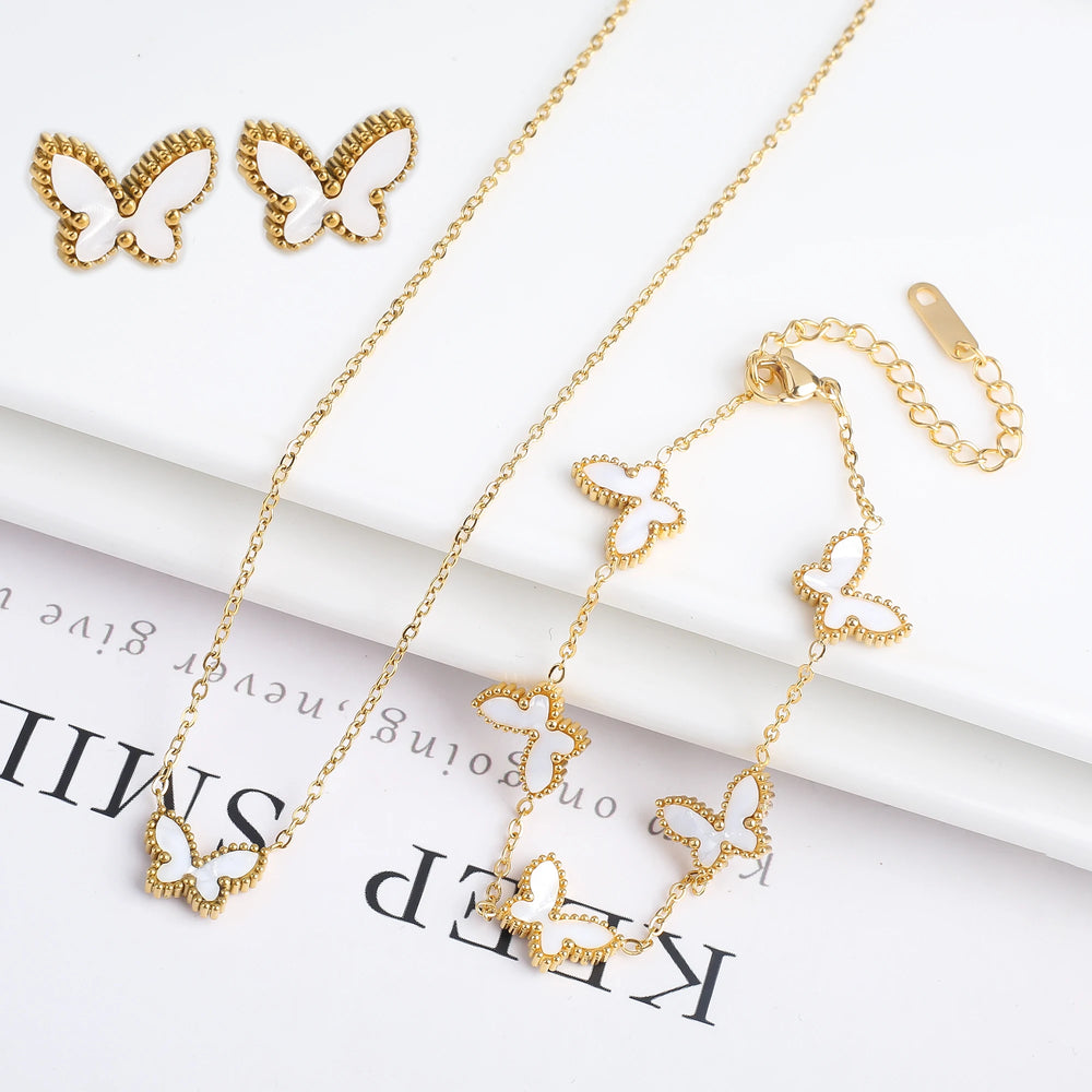 3PCS Hot Sale Stainless Steel Butterfly Jewelry Set Bracelet Necklace Earrings High Quality Women Luxury Party Jewelry Clover