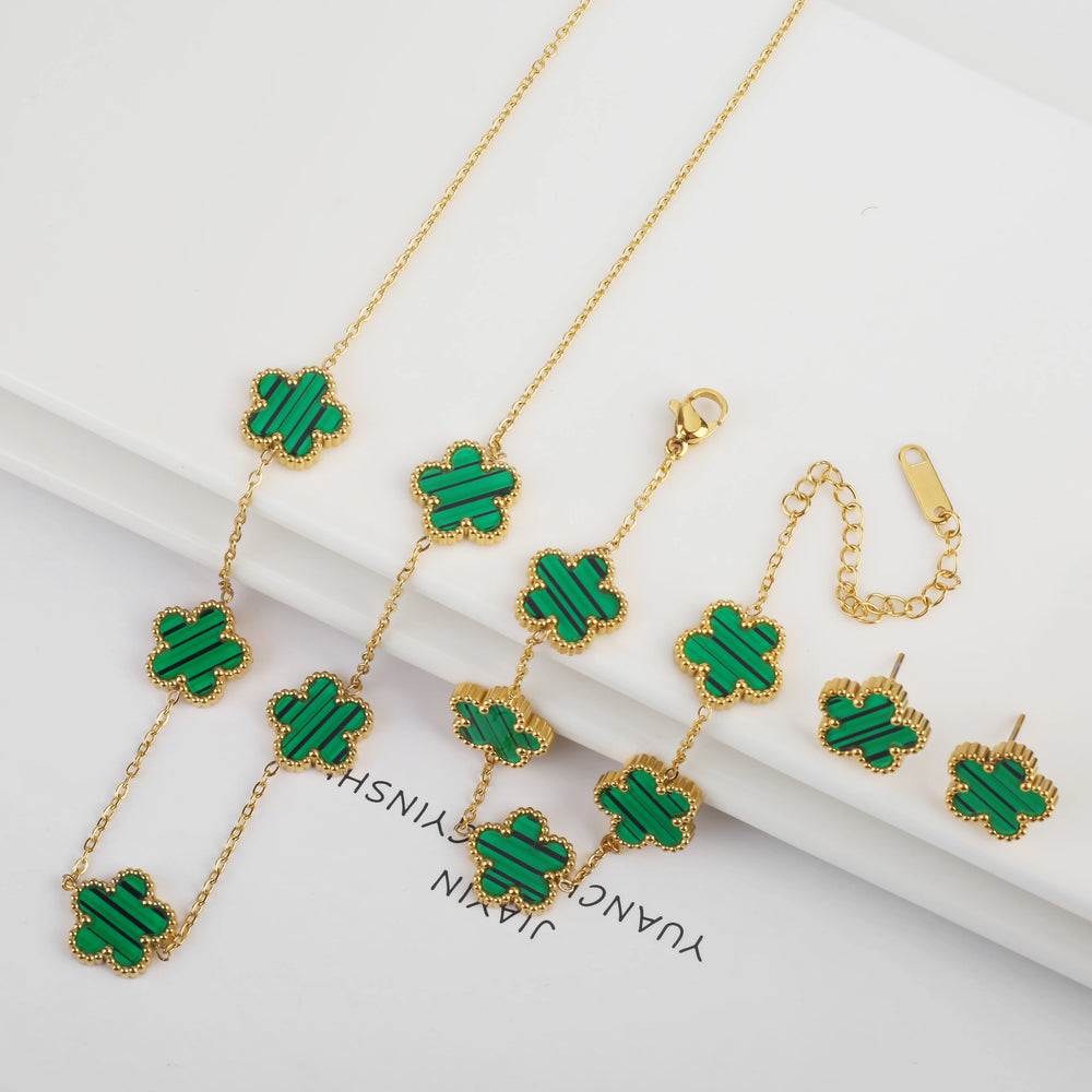 Hot Selling Plum Blossom Plant Five Leaf Flower Jewelry Set Bracelet Necklace Earrings Women Stainless Steel High Quality Clover