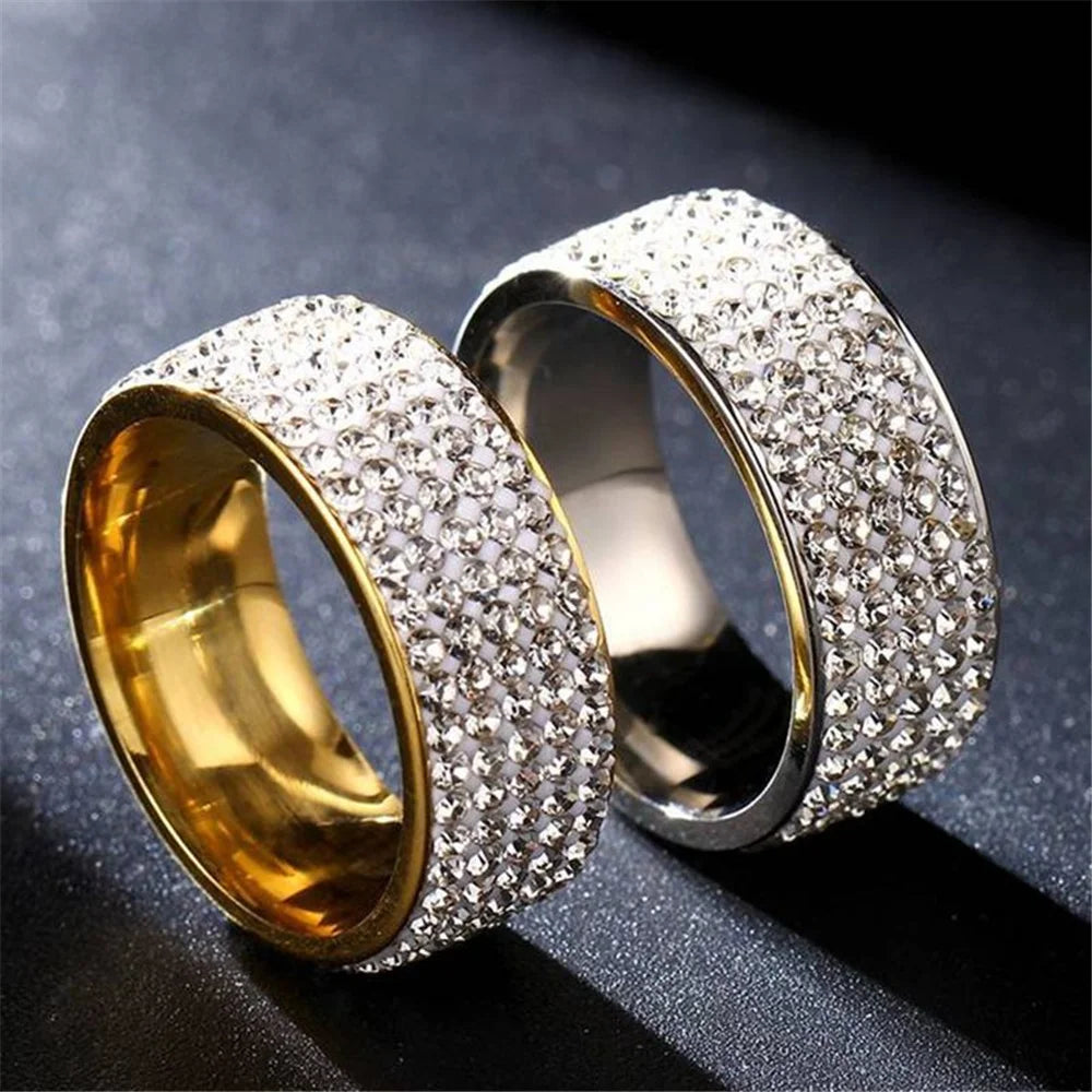 Iced Out Wedding Engagement Rings For Women Men Gold/Silver Color Stainless Steel Bling Cubic Zirconia Ring Luxury Jewelry