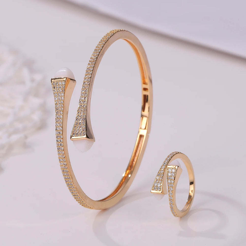 2025 New Romatic Women Fashion 2 Pcs Bracelet & Ring Set Candy color stone Simple Design Gold Open Cuff Bangle Ring Jewelry Set