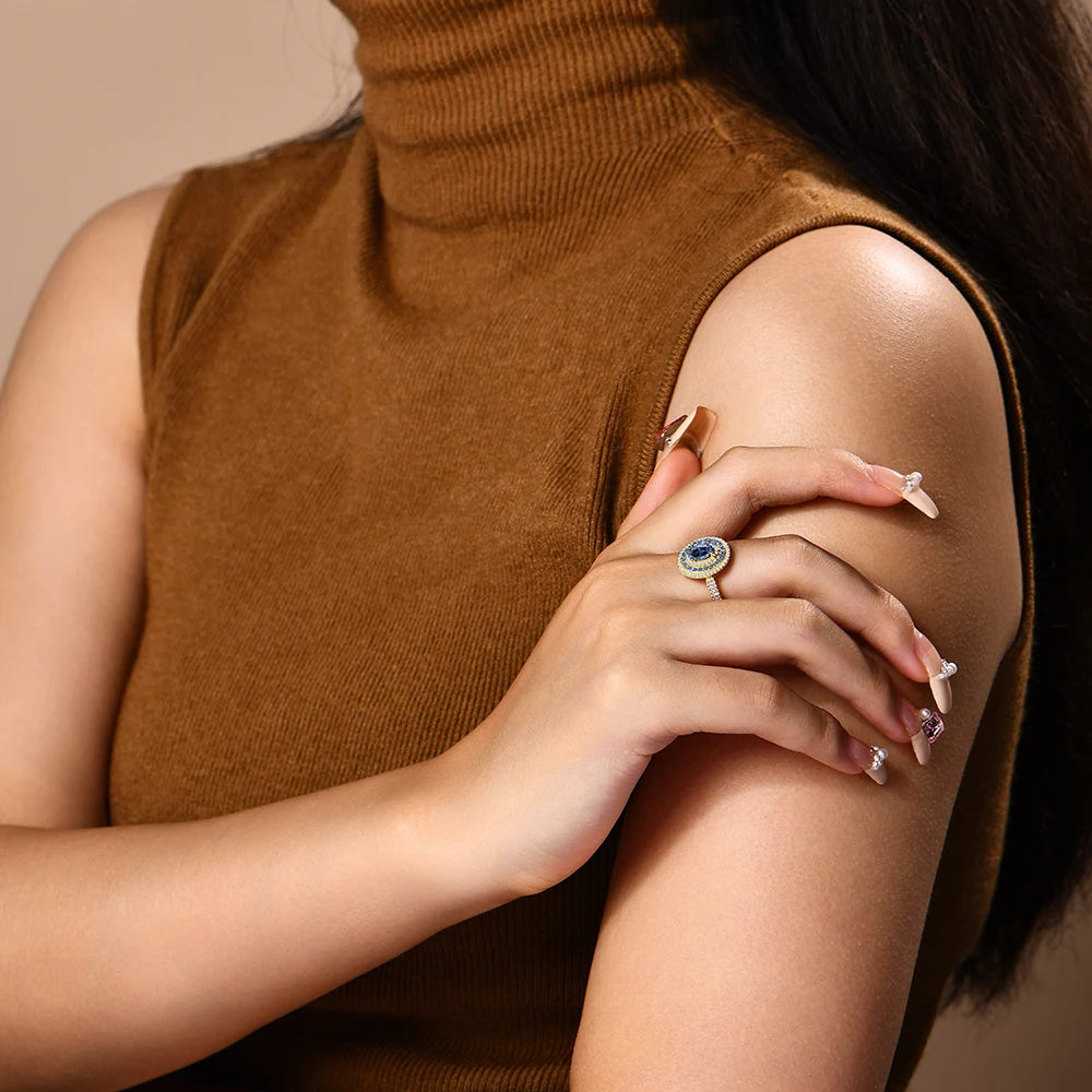 1CT Oval Cut Blue Moissanite Rings for Women Real S925 Sterling Silver Ethnic Engagement Christmas Gift With Certified