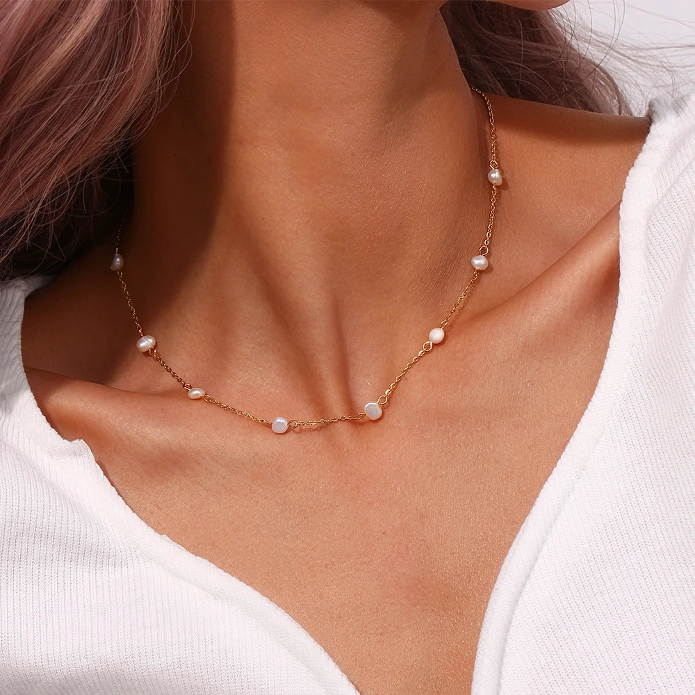Anti-allergy Stainless Steel Chain Freshwater Pearl Chain Necklace Bracelets For Women Gold Plated Jewelry Set