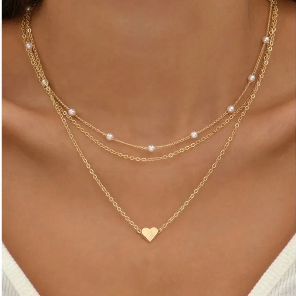 3pcs Women's Pearl Necklace Set 14K Gold Fashion Love Heart Pendant Waterproof Hypoallergenic Collarbone Neck Chain Jewelry