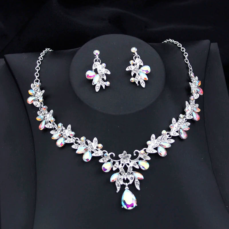 Exquisite 2 pcs set Flower Pink AB crystal bridal wedding jewelry sets for women dangle earrings and necklace sets Blue Green