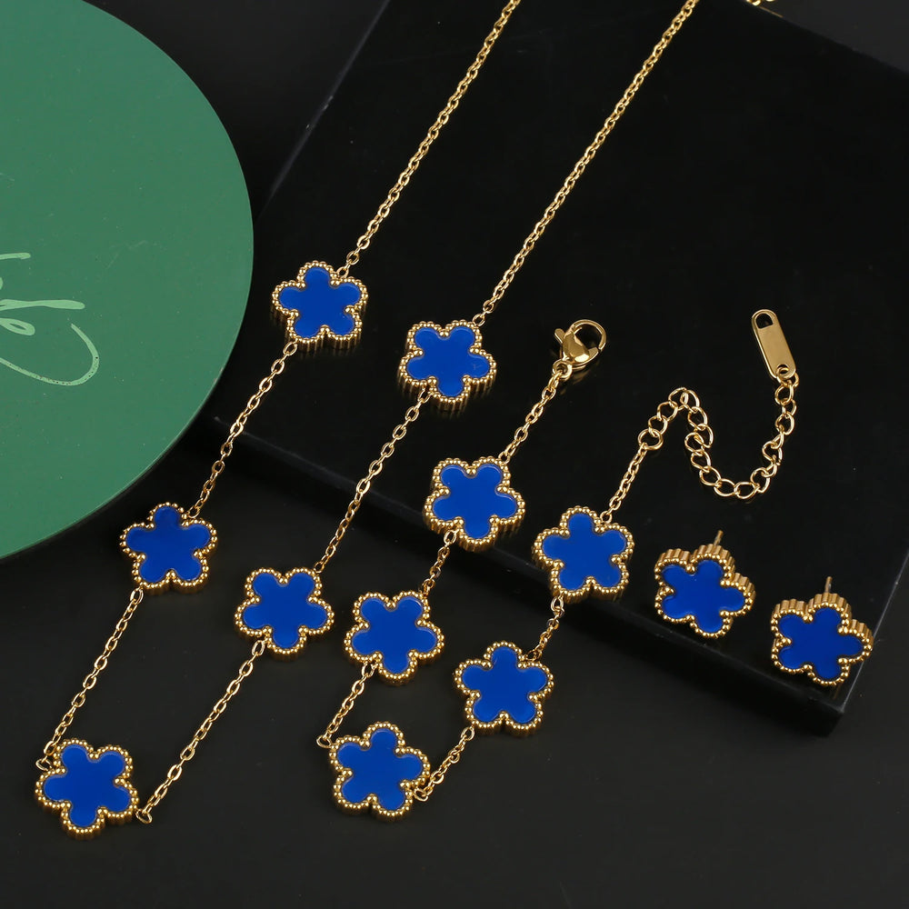 Hot Sale Stainless Steel Five Flower Clover Bracelet Jewelry Set Necklace Earrings For Woman Daily Wear Brand Jewelry