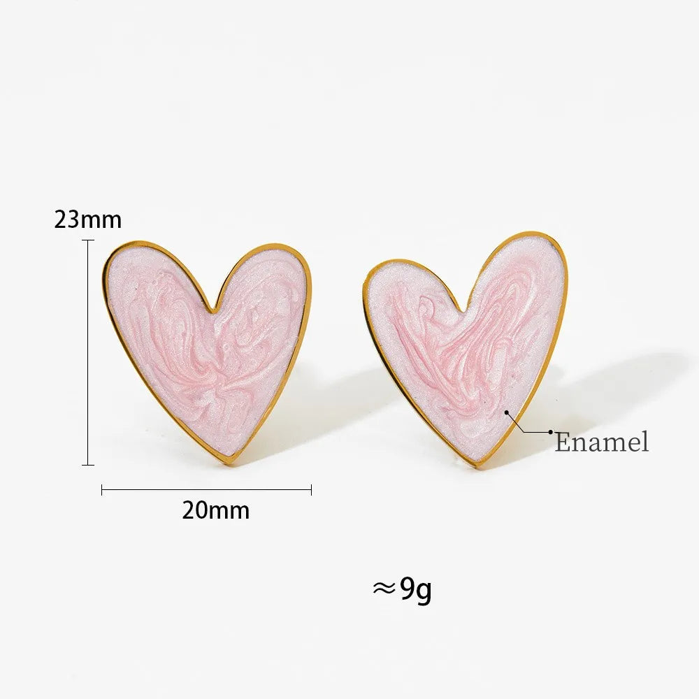 18K Gold PVD Plated Stainless Steel Colorful Enamel Heart Necklace Earring Set For Women Spring Summer Jewelry  Waterproof