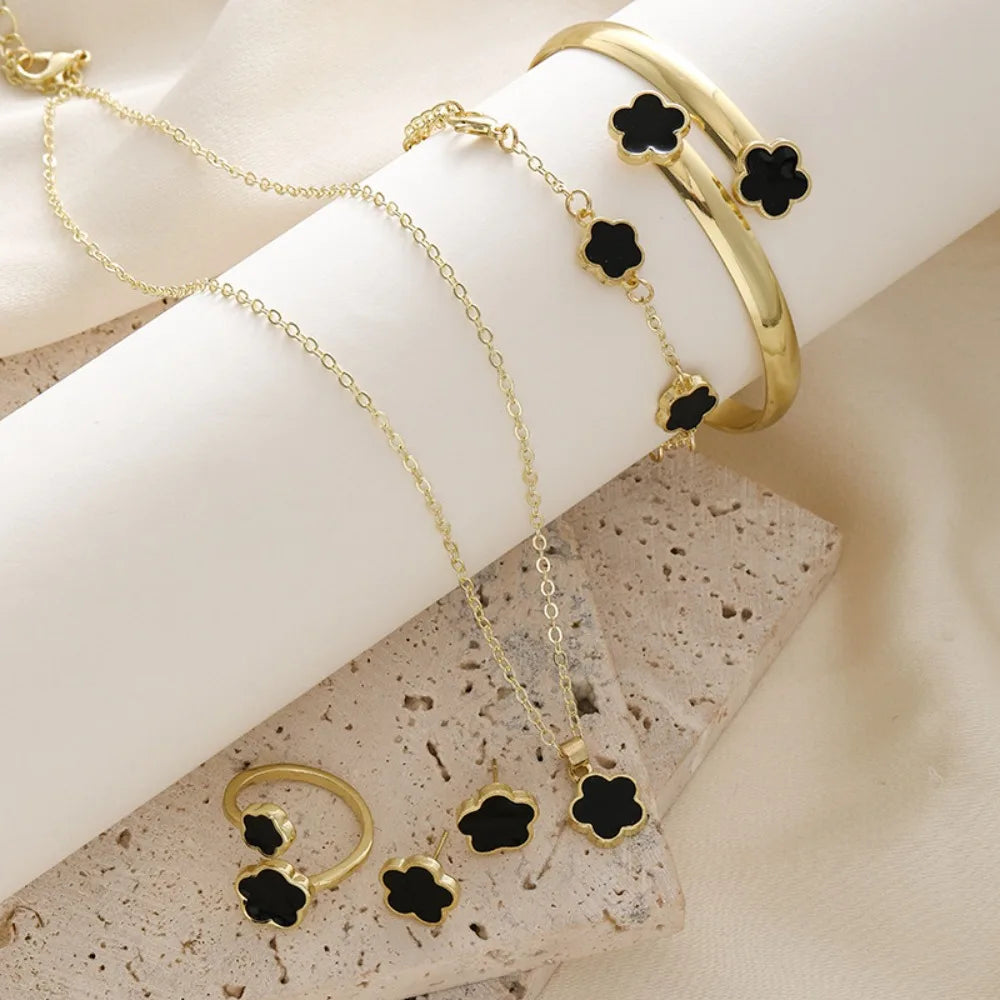 1 Set Fashion Alloy Jewelry Set Female Plum Blossom Five Leaf Flower Earing Girls Bracelet Adjustable Women's Girl Necklace