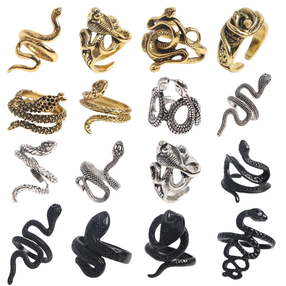 10Pcs/Lot New Fashion Punk Animal Snake Opening Rings For Men Women Gothic Mixed Style Jewelry Party Gifts