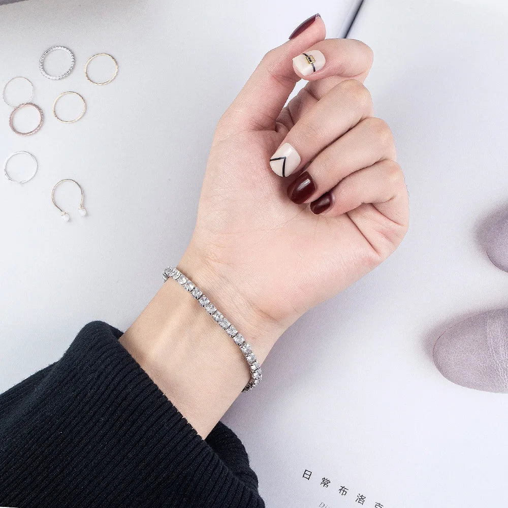 Sterling Silver Bracelet  Zircon Chain Bracelet For Women Fashion Simple Engagement Wedding Glamour Jewelry 4MM 17.5CM