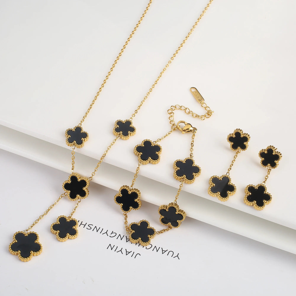 Hot Selling Plum Blossom Plant Five Leaf Flower Jewelry Set Bracelet Necklace Earrings Women Stainless Steel High Quality Clover