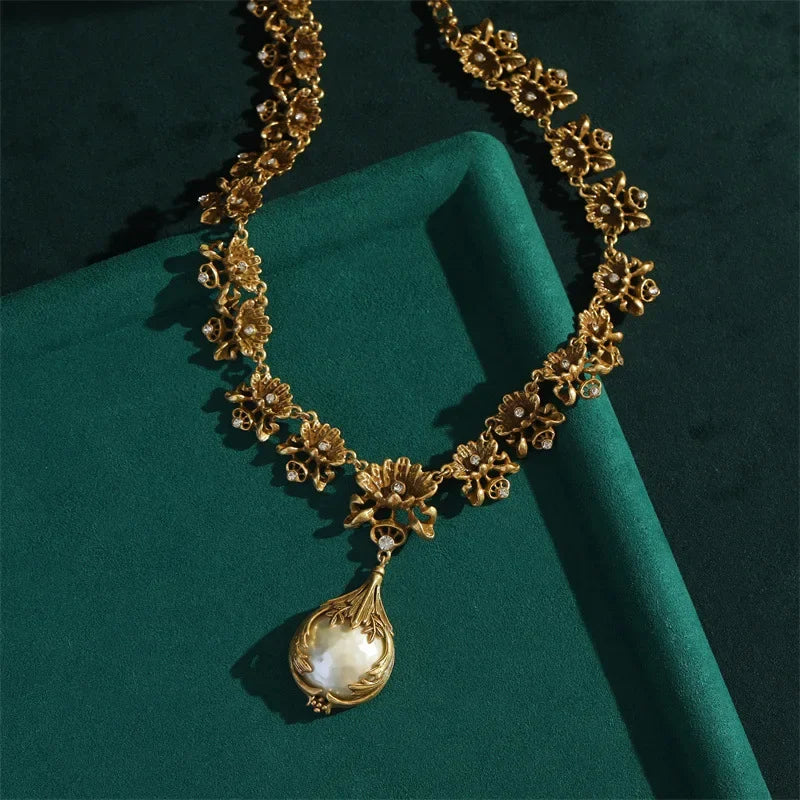 High Luxury Romantic Drop Baroque Pearl Pendant Vintage Jewelry Sets Cooper Flower Necklace Earring Ring Women Wedding Bride