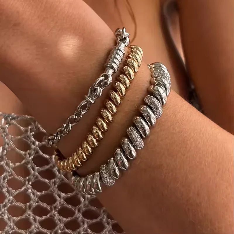 2025 New Fashion Snake Chain Bracelet Herringbone Gold Color Beaded Link Chain Pave Bling 5A CZ Iced Out Jewelry for Women