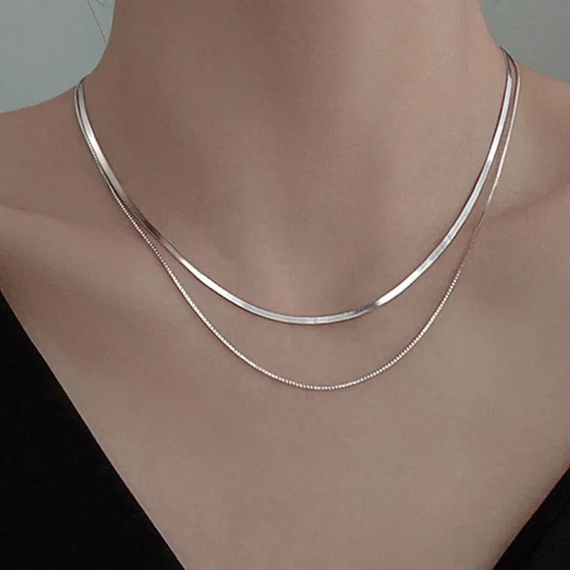 2024 S925 Silver Double Layer Box Chain Snake Clavicle Chain Necklace Female Fashion Hip-hop Retro Unique Design Fine Jewelry