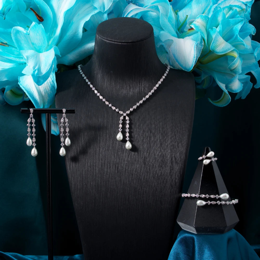 Pearl JewelrySets for Women Cubic Zircon Set Full Jewellery Woman Saudi Arabia Wedding Party Dress Suit Accessory