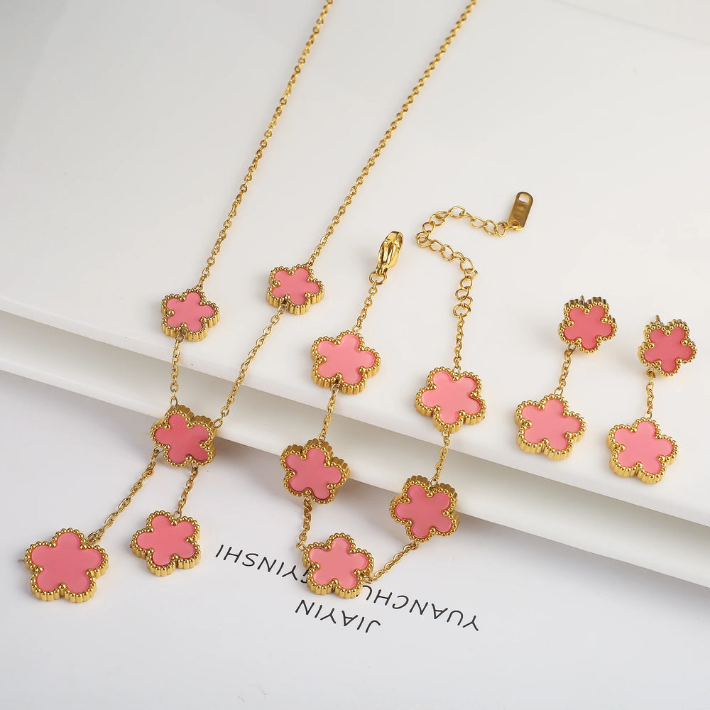 Hot Selling Plum Blossom Plant Five Leaf Flower Jewelry Set Bracelet Necklace Earrings Women Stainless Steel High Quality Clover