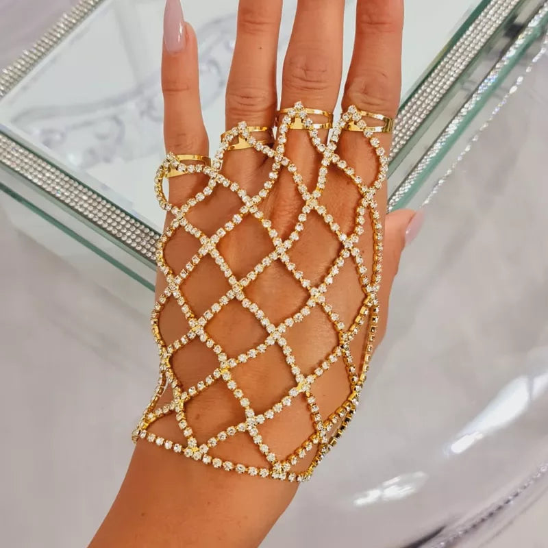 Boho Shiny Rhinestone Harness Finger Bracelet for Women Bridal Wedding Hand Jewelry Chain Bracelet Accessories Gift