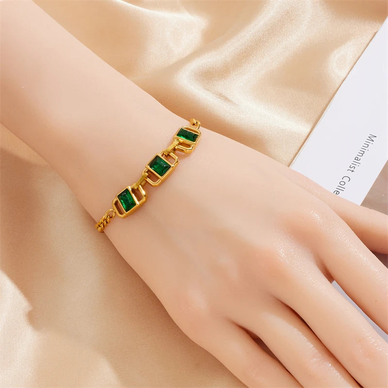  316L Stainless Steel Geometric Green White Stone Bracelet For Women Girl Fashion Wrist Chain Bangles Jewelry Lady Gift