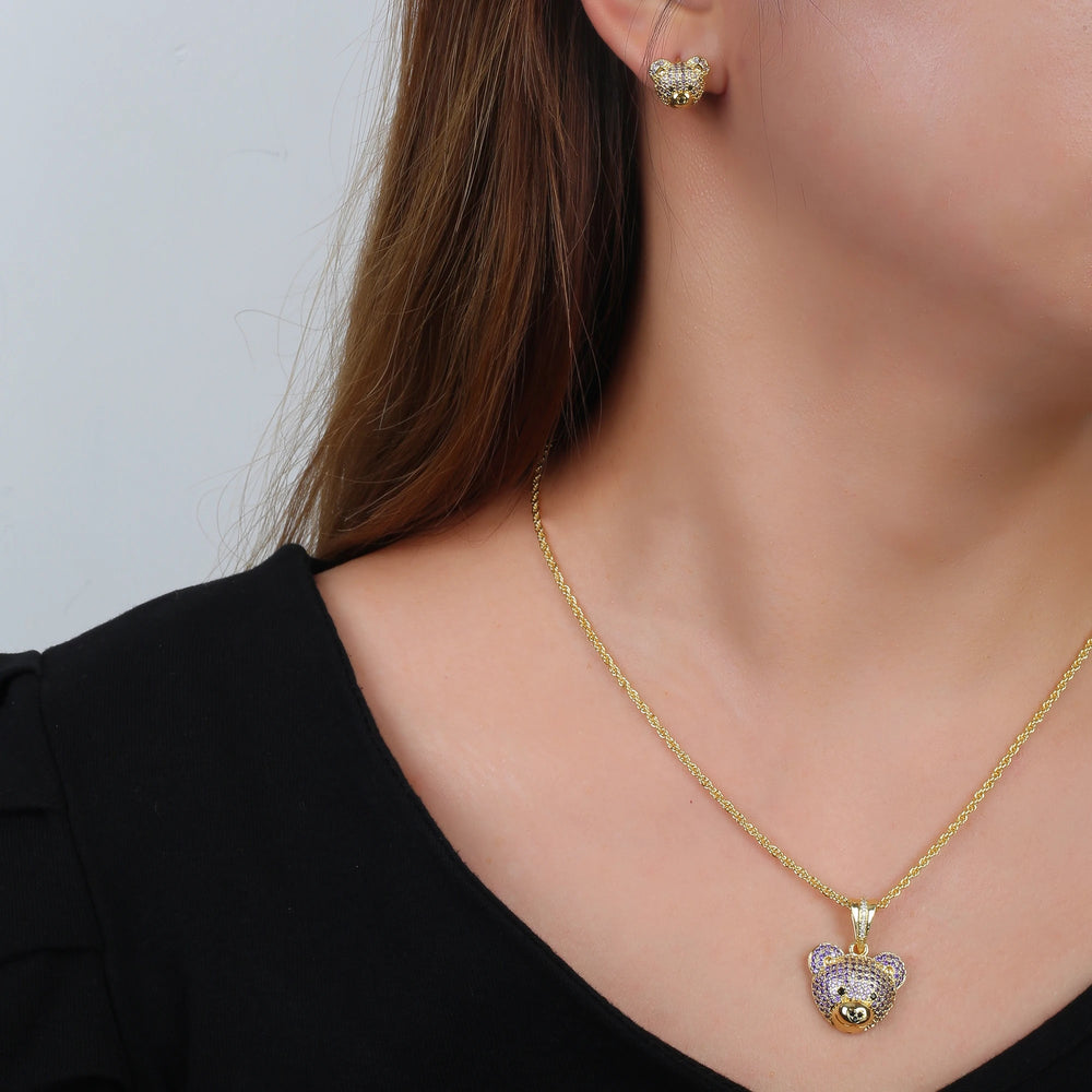 3pcs Exquisite Shiny White Red Zirconia Bear Jewelry Set Necklace Earrings Ring Cute Animal Jewelry Accessories For Women Girls