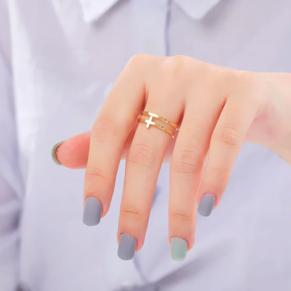 2025 Jesus Cross Rings for Women Stainless Steel Gold Color Open Finger Ring Christian New Fashion Jewelry Party Gift