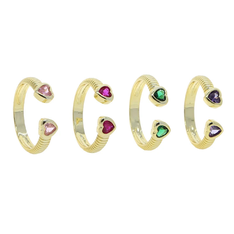 2025 Valentine's Day Fashion Gift Jewelry Gold Plated Pink Red Purple Green Heart Shaped CZ Open Finger Ring