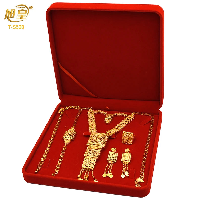 African Big Luxury 4PCS Dubai Gold Color Jewelry Necklace Sets For Women Bridal Wedding Sets 2024 Trend Jewellery Gifts
