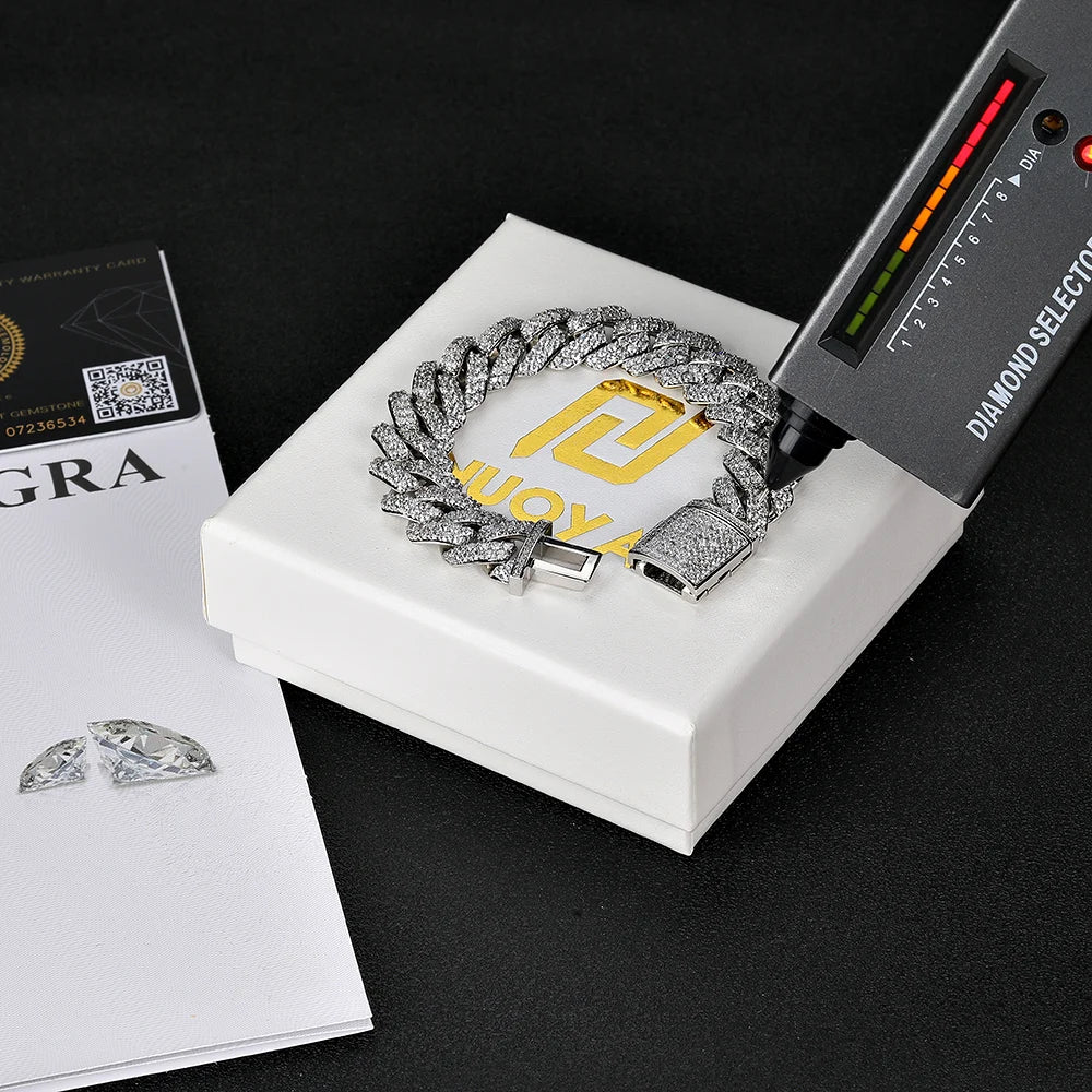 8/10/15/20mm Miami Hip Hop Jewelry Pass VVS Stone Shiny 925 Sterling Silver Bracelet Moissanite Cuban Link Chain For Men