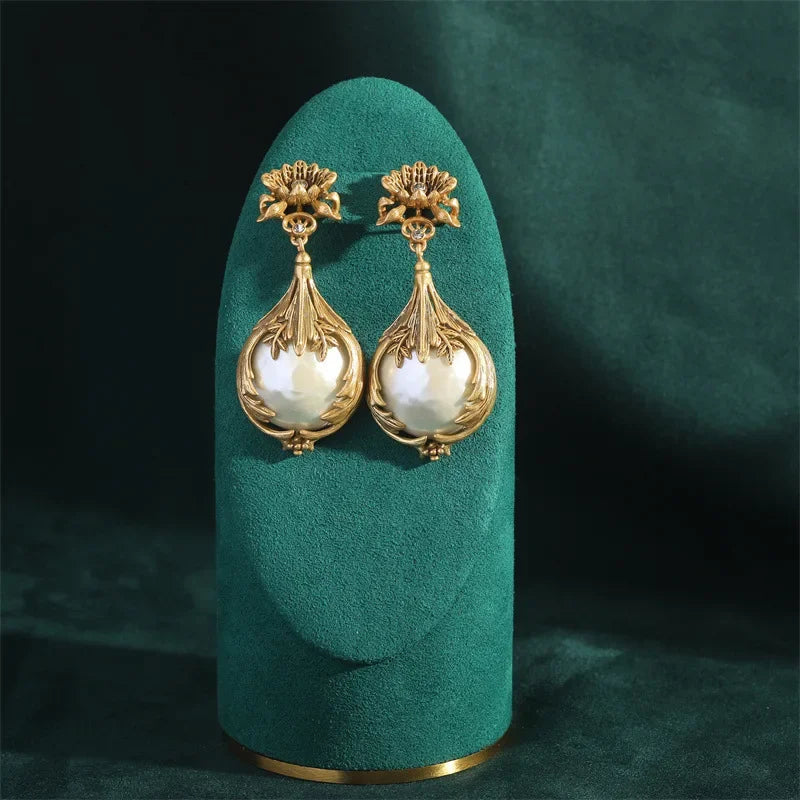 High Luxury Romantic Drop Baroque Pearl Pendant Vintage Jewelry Sets Cooper Flower Necklace Earring Ring Women Wedding Bride