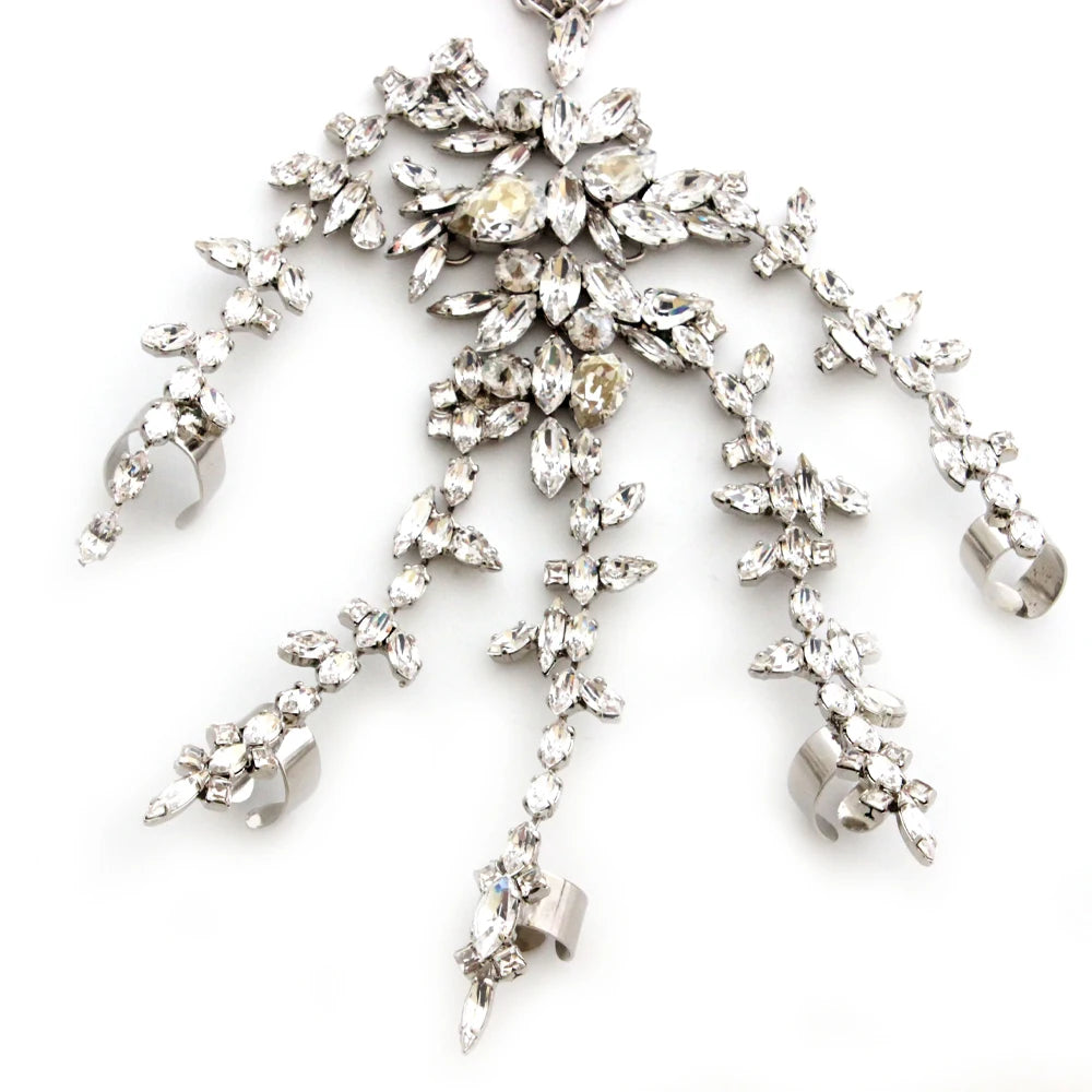 Crystal Finger Harness Bracelet Bridal Hand Decoration Wedding Gift Exaggerated Rhinestone Bangles Ring for Women