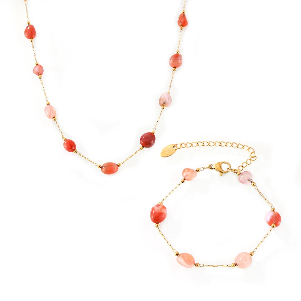 Trendy Gorgeous Nature Stones Stainless Steel Necklace Bracelet Set for Women Casual Collar Chain Charm Female Jewelry
