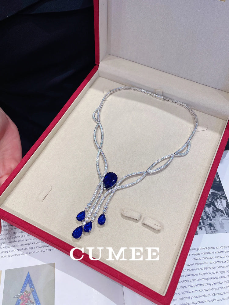 Cultivated Sapphire Necklace for Women Cubic Zirconia 925 Silver Gold-plated Necklace for Party Holidays Engagement