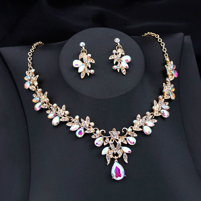 Exquisite 2 pcs set Flower Pink AB crystal bridal wedding jewelry sets for women dangle earrings and necklace sets Blue Green