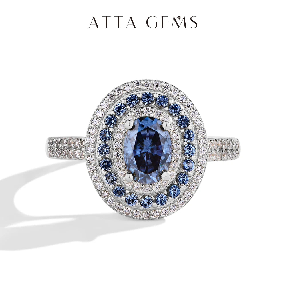 1CT Oval Cut Blue Moissanite Rings for Women Real S925 Sterling Silver Ethnic Engagement Christmas Gift With Certified