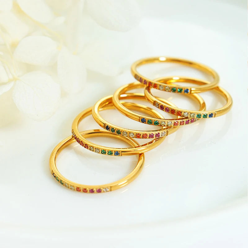 Stainless Steel Multi Color Cubic Zircon Stone Line Band Rings for Women Gold Plated Waterproof Stacker Ring Jewelry Gift