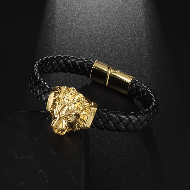 Domineering Alloy Lion Head Bracelet Men Stainless Steel Gold Color Franco Link Chain Luxury Man Bracelet Gift