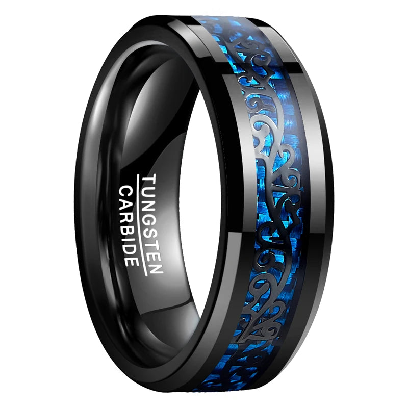 Astunning piece of men's jewelry with this black tungsten carbide ring. Plated with a sleek black finish, this 8mm wedding band features an intricate vine pattern inlaid with blue carbon fiber, adding a touch of elegance to any occasion.