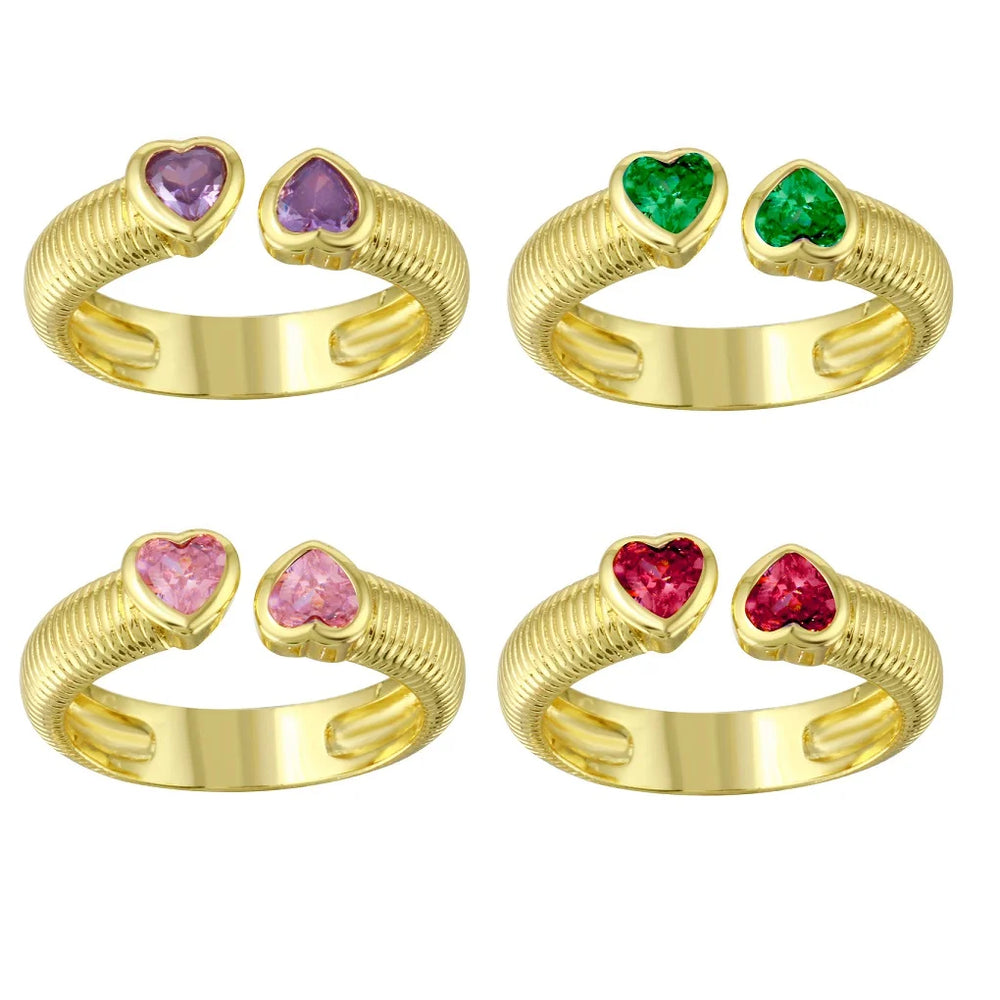 2025 Valentine's Day Fashion Gift Jewelry Gold Plated Pink Red Purple Green Heart Shaped CZ Open Finger Ring