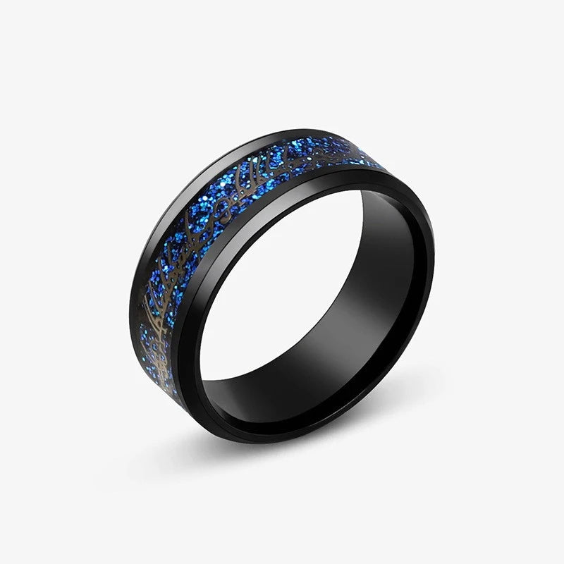 2025 Fashion Men Stainless Steel Celtic Dragon Ring Inlaid Red Blue Carbon Fiber Rings Wedding Band Jewelry 8MM Bague Homme