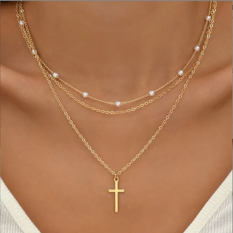 3pcs Women's Pearl Necklace Set 14K Gold Fashion Love Heart Pendant Waterproof Hypoallergenic Collarbone Neck Chain Jewelry