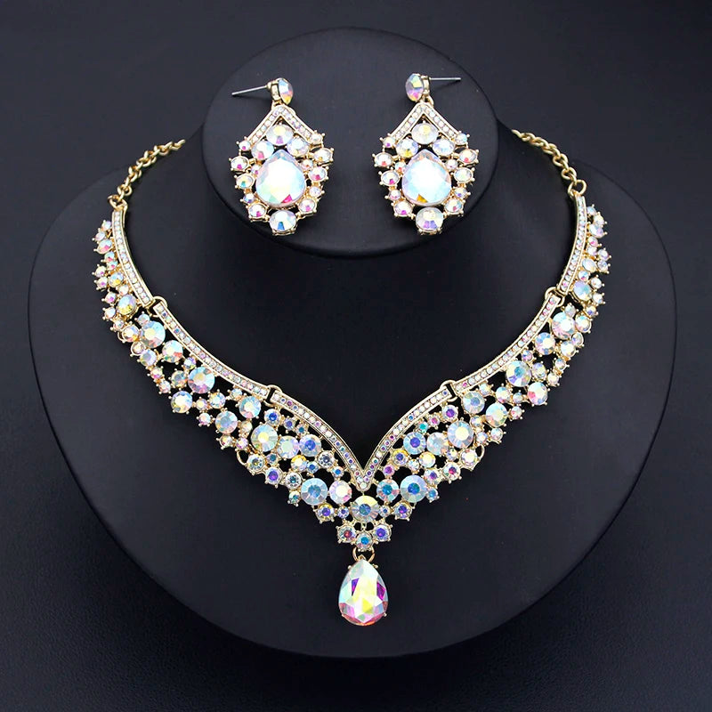 Champagne Colors Bridal Earrings Necklace Set Water Drop Rhinestones Crystal Adjustable Dubai Jewelry Set for Wedding Bride