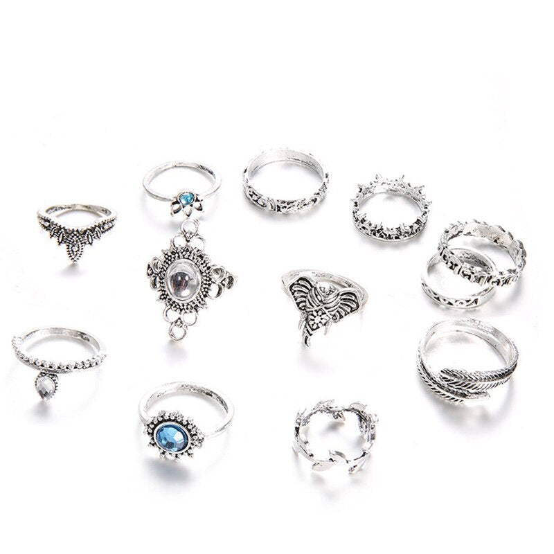 Vintage Fashion Leaf Stone Midi Ring Set