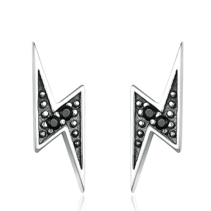 925 Sterling Silver Exquisite Lightning & Black CZ Stud Earrings