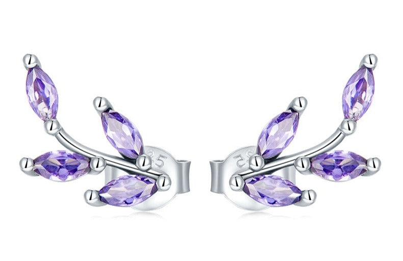 Genuine 925 Sterling Silver Purple Branch Stud Earrings
