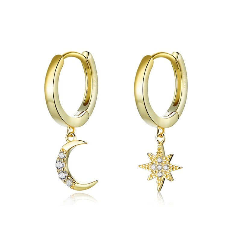 Genuine 925 Sterling Silver Moon and Star Dangle Earrings